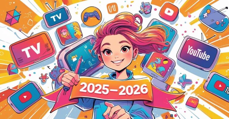 Alternative text: A colorful digital illustration of a smiling young person with pink hair holding a pen, surrounded by floating screens and icons representing TV, YouTube, video games, and social media. The person stands behind a bright banner displaying "2025–2026." The background is filled with dynamic lines and vibrant colors, creating an energetic and creative atmosphere.