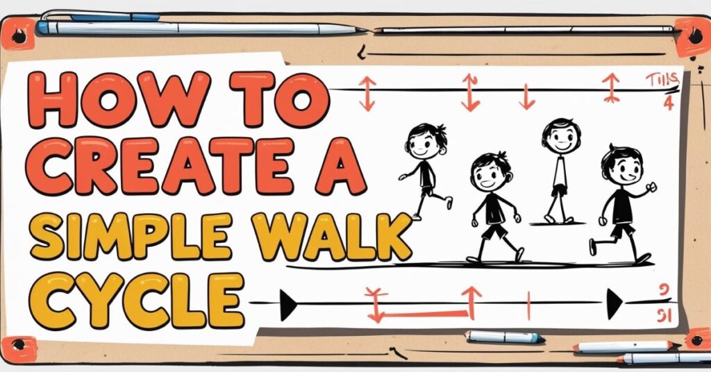Alt text: Illustrated tutorial banner titled "How to Create a Simple Walk Cycle." The image features four cartoon drawings of a character in different walking poses, with arrows above and below showing movement directions. The background resembles a piece of paper pinned to a board, with pens and pencils around the edges. The text is bold and colorful, emphasizing the instructional nature of the image.