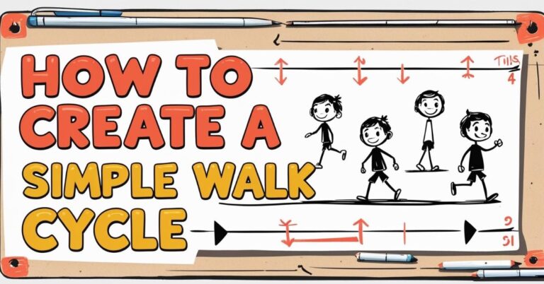 Alt text: Illustrated tutorial banner titled "How to Create a Simple Walk Cycle." The image features four cartoon drawings of a character in different walking poses, with arrows above and below showing movement directions. The background resembles a piece of paper pinned to a board, with pens and pencils around the edges. The text is bold and colorful, emphasizing the instructional nature of the image.