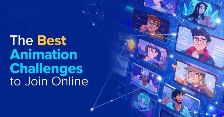 Alternative text: A digital illustration showing a blue background fffwith the text "The Best Animation Challenges to Join Online" on the left. On the right, there are animated avatars of people in video call windows, suggesting a virtual meeting or online community. The scene is connected with glowing lines and dots, representing a digital network.