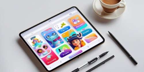 A tablet displaying a colorful educational app with cartoon characters and playful icons is placed on a white surface. Next to the tablet are a stylus, a pen, and a pencil. In the background, there is a cup of coffee on a saucer.