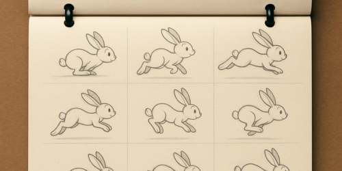 A sketchbook page displays a sequence of nine pencil drawings of a cartoon rabbit in various stages of running, arranged in a 3x3 grid. Each drawing shows a different position of the rabbit’s legs and body, illustrating the motion of a running cycle. The sketches are simple and expressive, capturing the fluid movement of the rabbit.
