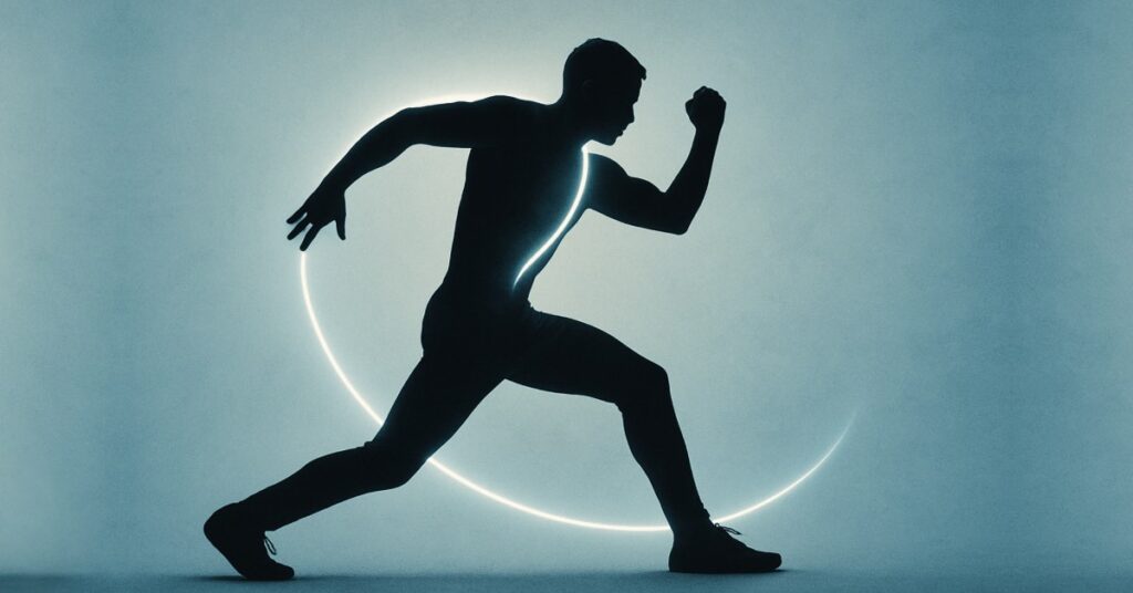 Alternative text: A silhouette of a person in a dynamic running pose, with one arm bent forward and the other back. A glowing curved line arcs behind the figure, emphasizing the movement and energy of the pose.