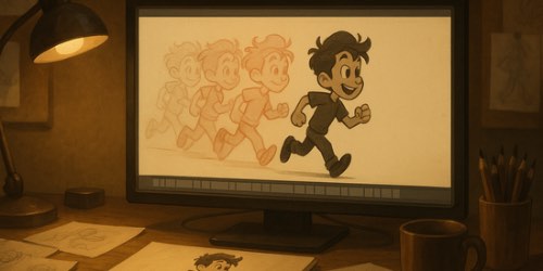 Alternative text: A cozy, warmly lit artist’s desk with a computer monitor displaying an animation sequence of a cartoon boy running. The screen shows several faded sketches of the boy in different running poses, leading to a fully colored version in front. On the desk are sketchbooks, pencils, a mug, and loose sheets of paper with similar cartoon drawings, suggesting the process of creating an animation.