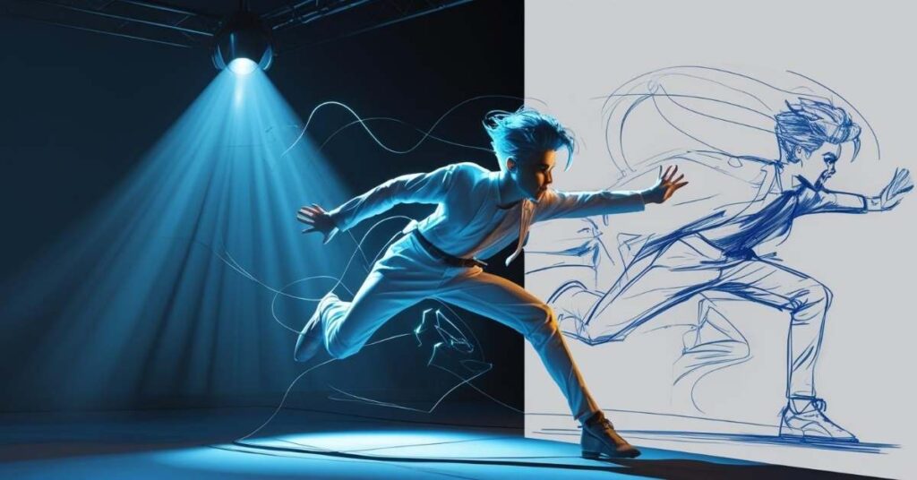 A person in motion, dramatically lit by a blue spotlight, is captured mid-run on the left side of the image. On the right side, a dynamic blue sketch mirrors the runner’s pose, illustrating the transformation from live action to animated drawing.