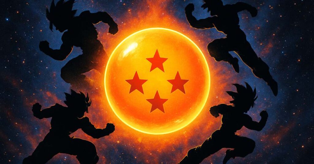 Four silhouetted anime-style characters with spiky hair are positioned around a glowing sun in outer space, each in a dynamic running pose, with a starry background.