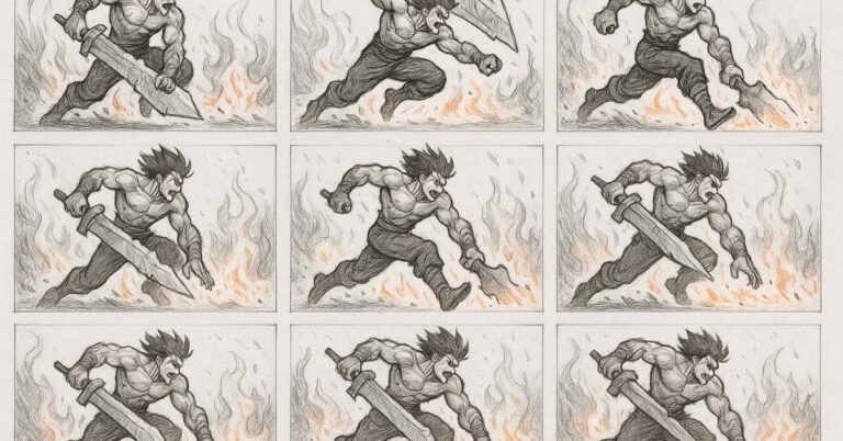 A grid of nine hand-drawn sketches shows a muscular, fantasy-style warrior with spiky hair wielding a large sword. The character is depicted in various dynamic action poses, running and swinging the sword, with flames and smoke in the background. The sketches are monochrome with orange highlights for the fire. In the top right corner, there is a Photoshop (Ps) logo, suggesting these frames are part of an animation or storyboard process.