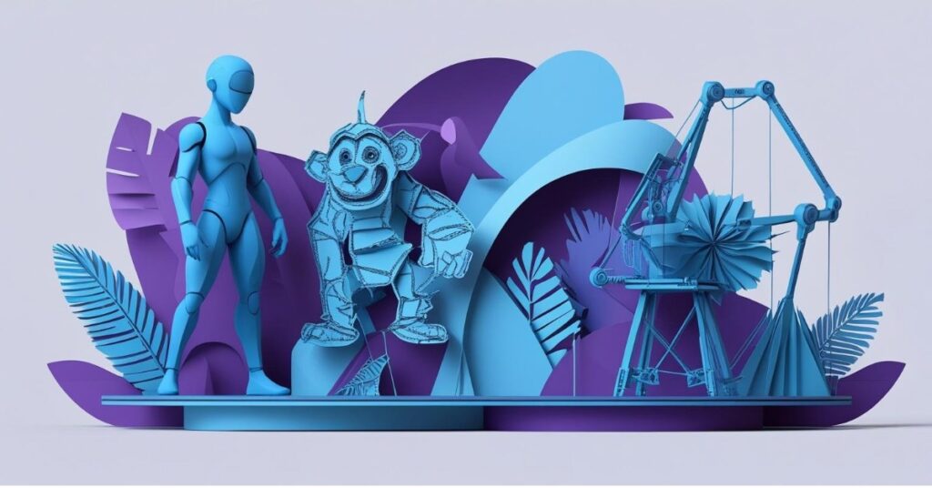 Alternative text: A 3D illustration featuring a blue humanoid figure, a cartoonish monkey character, and a 3D printer. The scene is set against a backdrop of abstract shapes and large leaves in shades of blue and purple.