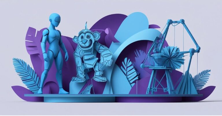 Alternative text: A 3D illustration featuring a blue humanoid figure, a cartoonish monkey character, and a 3D printer. The scene is set against a backdrop of abstract shapes and large leaves in shades of blue and purple.