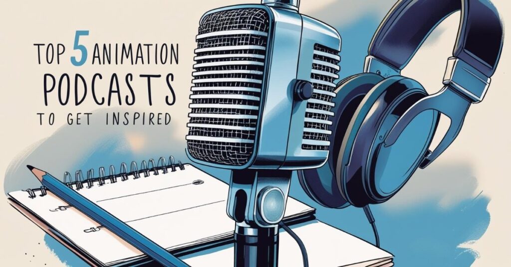 Alt text: A vintage-style microphone is positioned in front of a sketchpad and pencil, with a pair of large headphones resting nearby. The background features cool blue tones. Text overlay reads: “Top 5 Animation Podcasts to Get Inspired.”