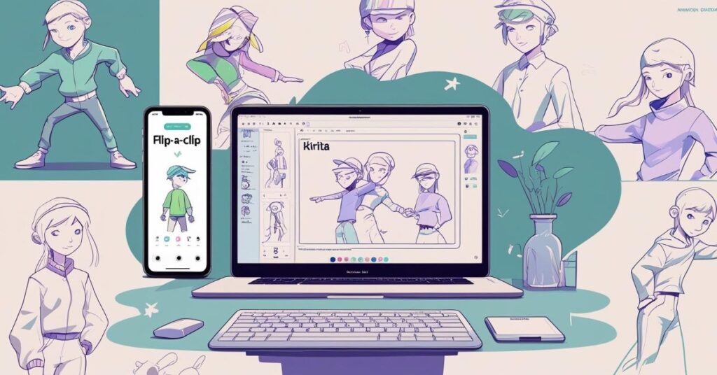 Alt text: A digital illustration of a workspace featuring a laptop and smartphone displaying animation and drawing apps. The laptop screen shows two cartoon characters being drawn in a digital art program, while the phone displays a character in the Flipaclip app. Surrounding the devices are various sketches of the same character in different poses, along with a keyboard, mouse, notepad, and a vase with leaves, creating a creative and artistic atmosphere.