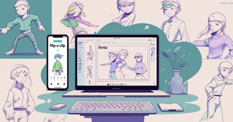Alt text: A digital illustration of a workspace featuring a laptop and smartphone displaying animation and drawing apps. The laptop screen shows two cartoon characters being drawn in a digital art program, while the phone displays a character in the Flipaclip app. Surrounding the devices are various sketches of the same character in different poses, along with a keyboard, mouse, notepad, and a vase with leaves, creating a creative and artistic atmosphere.