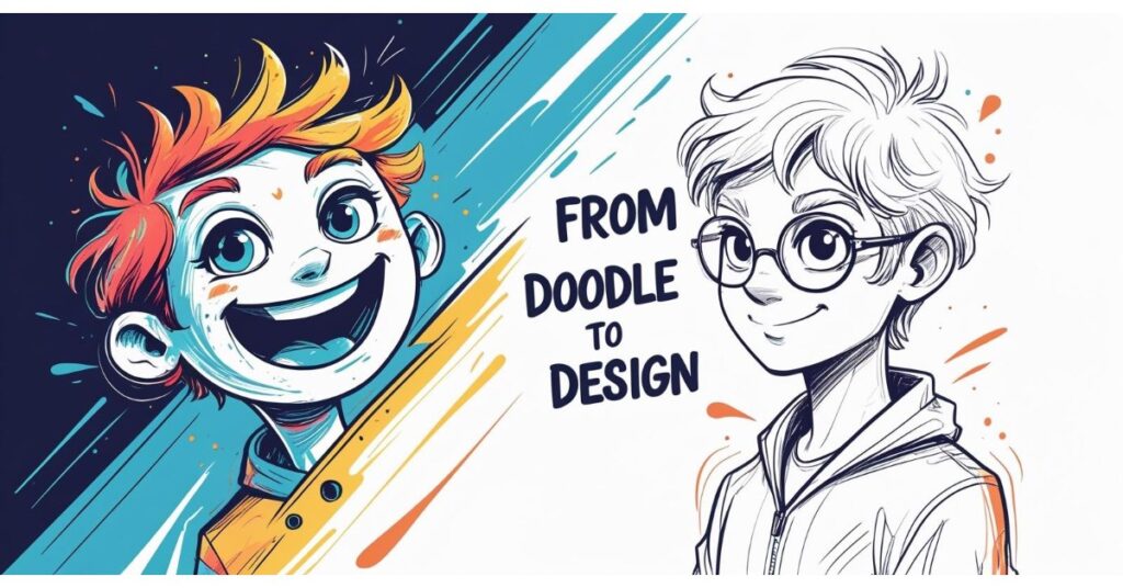 Alt text: Colorful illustration showing two cartoon boys side by side. The boy on the left is vibrant with orange hair, blue eyes, and a big smile, while the boy on the right is a black-and-white sketch wearing glasses and a hoodie. In the center, bold text reads "FROM DOODLE TO DESIGN."