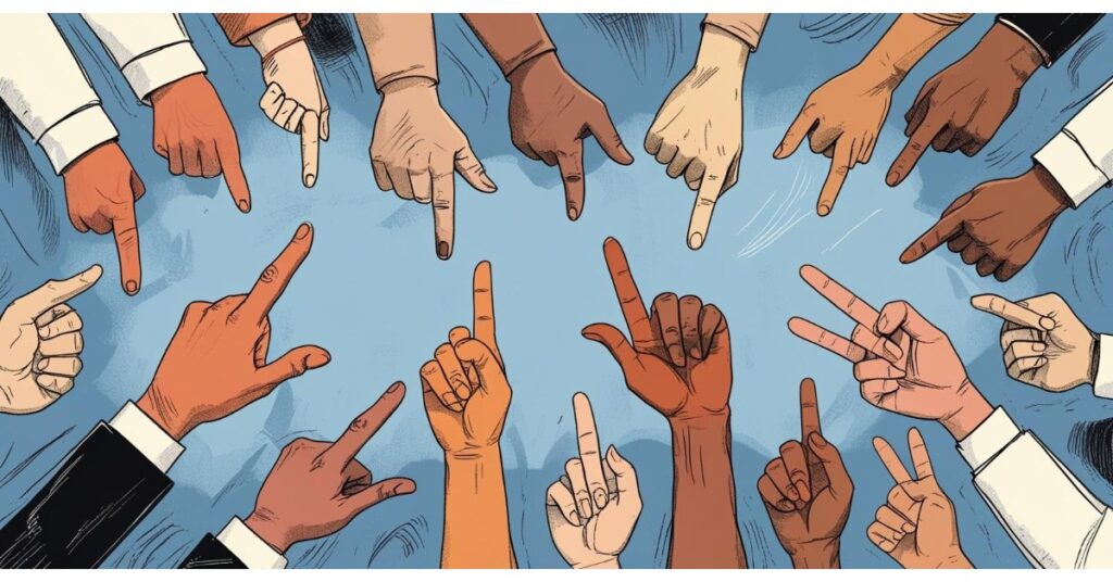 Alt text: Three illustrated hands in different poses and colors. The left hand, wearing a suit sleeve, is shown snapping its fingers against a teal background. The middle hand, greenish in color, is open with fingers slightly curled. The right hand, bluish in tone, is also open with fingers spread apart, all against a beige background.