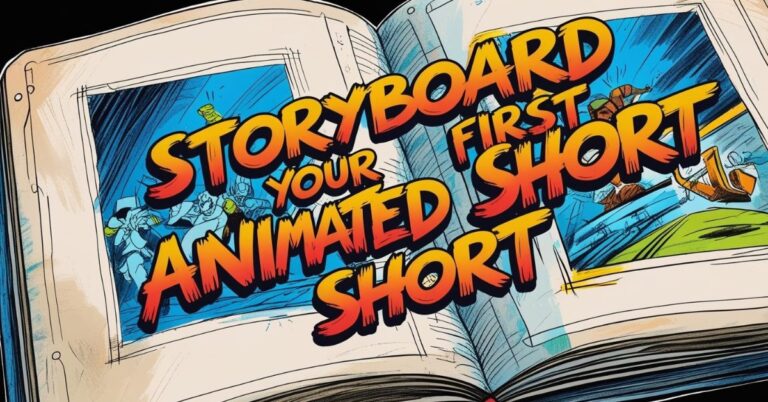 Alt text: An illustrated open book displaying colorful storyboard panels with cartoon characters in action. Bold, dynamic text across the pages reads, "Storyboard Your First Animated Short." The background features vibrant blue and yellow tones, emphasizing creativity and animation.
