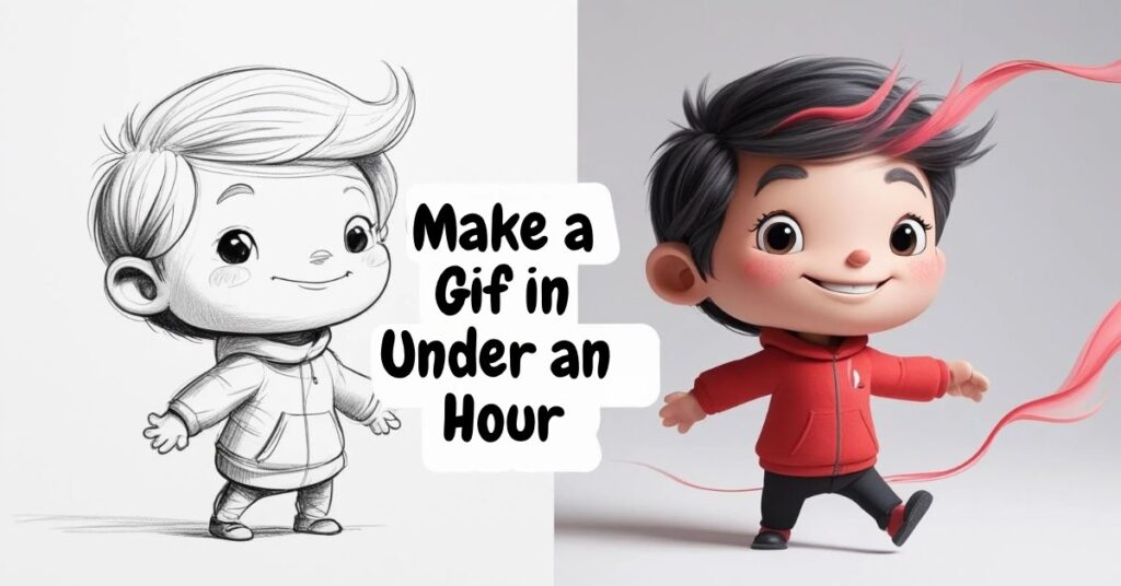 A split image showing a cute cartoon character: on the left, the character is in black-and-white sketch style, and on the right, the same character is fully colored, smiling, and wearing a red hoodie. In the center, bold text reads, "MAKE A GF IN UNDER AN HOUR."