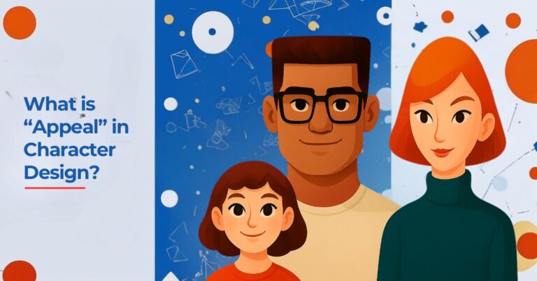 An illustration features three cartoon characters: a smiling young girl with short brown hair, a man with dark skin, glasses, and a flat-top hairstyle, and a woman with fair skin and straight red hair wearing a green turtleneck. The background is blue with abstract shapes and dots. On the left, text reads, "What is 'Appeal' in Character Design?"