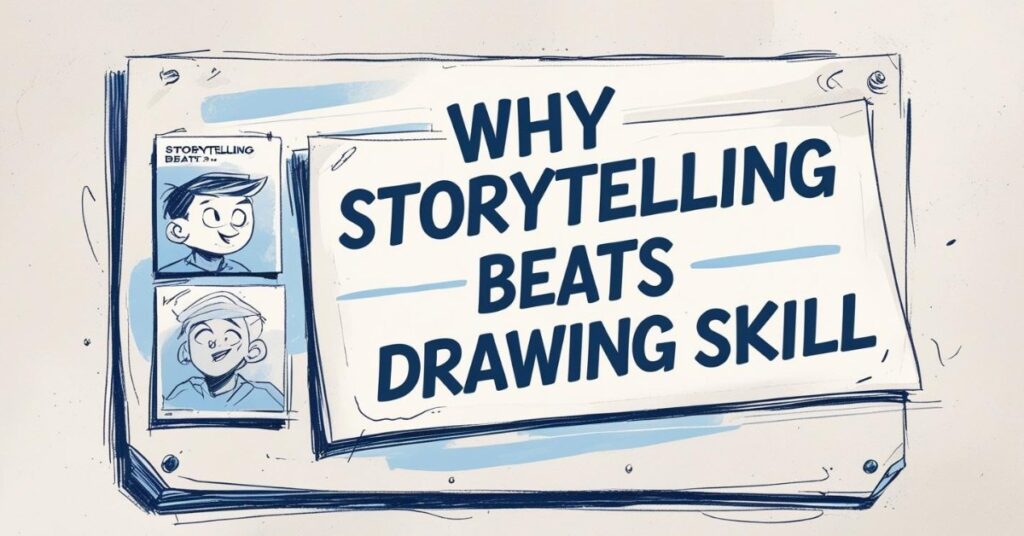 Alternative text: A hand-drawn style illustration features a large sign that reads "WHY STORYTELLING BEATS DRAWING SKILL." To the left of the sign are two small cartoon portraits of a character, one smiling and one frowning. The overall design resembles a comic or storyboard panel.