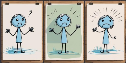 Alternative text: A three-panel illustration shows a simple blue stick figure character with a sad face. In the first panel, the character looks confused with a question mark above its head. In the second panel, the character appears sad with drooping arms and lines around its head. In the third panel, the character looks even more distressed, with wide eyes and radiating lines emphasizing its emotion. Each panel is drawn on a separate sheet of paper clipped to a wooden board.