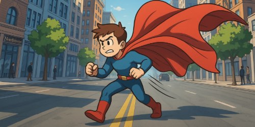 A cartoon superhero with brown hair, wearing a blue suit, red boots, and a large red cape, runs determinedly down the middle of a city street lined with tall buildings and trees under a bright blue sky.