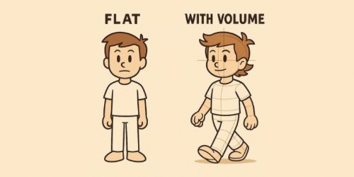 Two cartoon drawings of a boy side by side. The left boy, labeled "FLAT," stands still with a neutral expression and simple, flat lines. The right boy, labeled "WITH VOLUME," walks with a smile, has more dynamic hair, curved lines, and visible construction lines that give his body a three-dimensional, rounded appearance