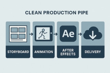 A flowchart with four connected boxes showing a production process. The first box has a storyboard icon labeled "STORYBOARD." The second box shows a stick figure running on a screen labeled "ANIMATION." The third box has the After Effects logo labeled "AFTER EFFECTS." The fourth box shows a cloud with a download arrow labeled "DELIVERY." Arrows connect each step in sequence.