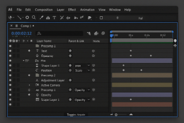 A digital interface of Adobe After Effectsn showing a composition timeline. Multiple layers are listed on the left, including text, shape layers, precompositions, adjustment layers, and a camera. Each layer has properties such as opacity, position, and scale with keyframes visible on the timeline. Colored bars and diamond-shaped markers indicate animation changes across different frames.