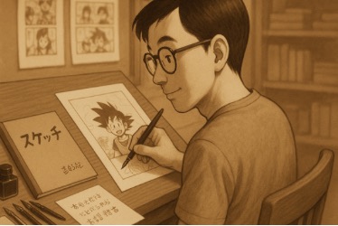 A smiling artist wearing glasses sits at a desk, drawing comic panels featuring a spiky-haired character. The desk is covered with sketches, ink, and brushes, while completed comic pages are pinned to the wall behind.