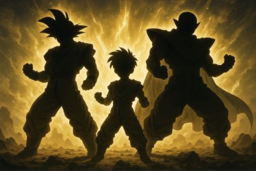 Three silhouetted warriors stand side by side in powerful stances, surrounded by a glowing golden aura that illuminates the rocky ground beneath them. The central figure is smaller, flanked by two taller figures with spiky hair and capes, all radiating strength and determination.