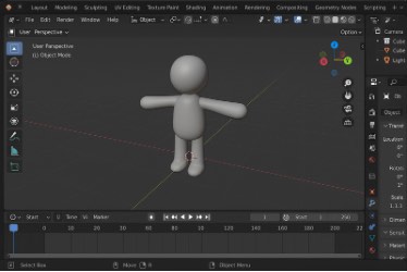 A 3D modeling software interface showing a simple gray humanoid figure with a round head, cylindrical body, and outstretched arms in the center workspace. Various toolbars and panels surround the viewport, including object options on the right and a timeline at the bottom.