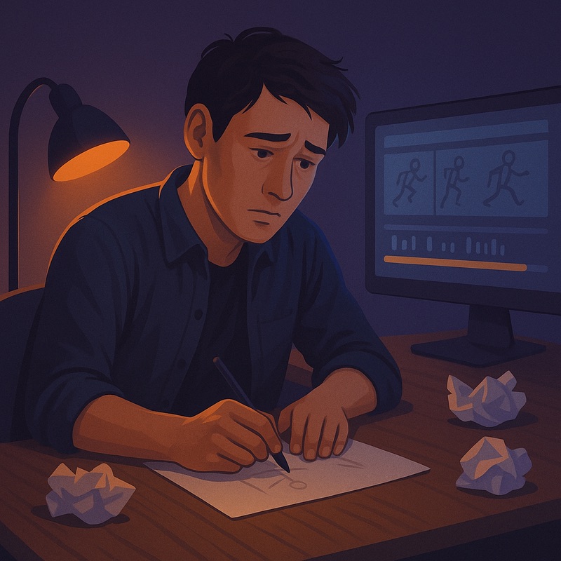 Beginner animator at a desk, nervously sketching with crumpled papers around, glowing computer screen showing a rough animation timeline, cool purple-blue tones with warm desk lamp accent.