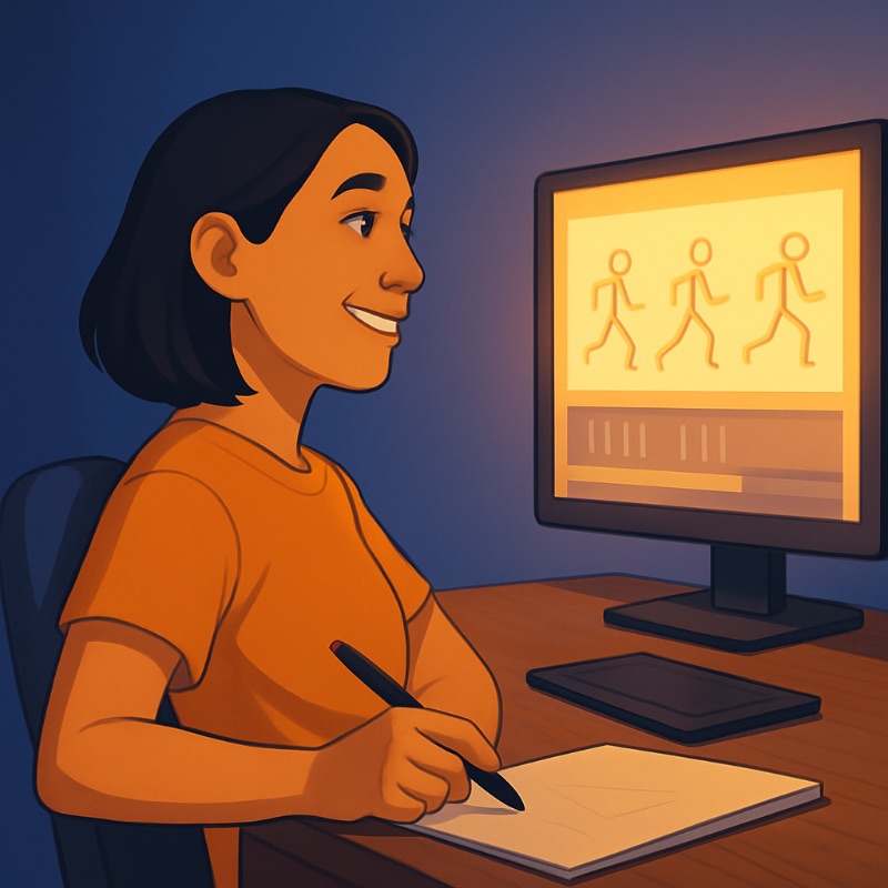 Young animator smiling with more confidence at their desk, smoother animation displayed on the computer screen, brighter room with sunrise glow through a window, atmosphere symbolizing progress and growth