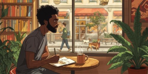 A man with curly hair and a beard sits at a small round table in a cozy café, sketching in a notebook with a cup of coffee beside him. Large windows reveal a street scene outside, where a person walks two dogs past storefronts and trees. Bookshelves and green plants decorate the café interior.
