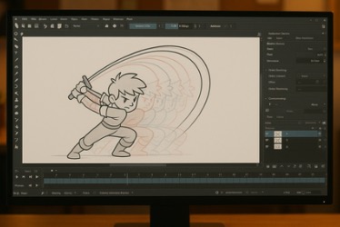 A computer monitor displays an animation software interface showing a character drawing in progress. The character is a cartoon-style figure holding a sword, captured in a dynamic swinging motion with multiple overlapping outlines to illustrate movement. A digital drawing tablet and stylus are placed on the desk in front of the monitor.