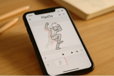 A smartphone screen displays an animation app showing a cartoon character in mid-motion with overlapping outlines to illustrate movement. The phone rests on a wooden surface beside two pencils and a notebook.