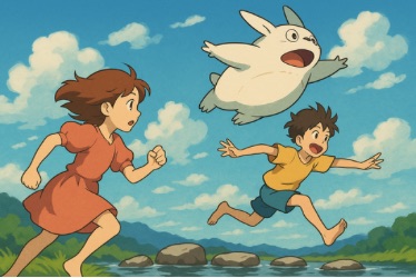 Two children are joyfully running across a shallow stream with stepping stones, while a small white creature with big eyes and rabbit-like ears flies above them. The sky is bright blue with fluffy clouds, and green hills and trees fill the background, creating a lively and playful scene.
