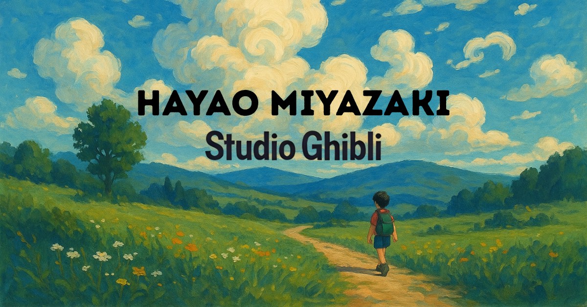 A child with a backpack walks along a winding dirt path through a vibrant green meadows filled with wildflowers, under a bright blue sky with fluffy white clouds. Rolling hills and distant trees create a peaceful, scenic landscape. The text "Hayao Minazaki Studio Ghibli" appears in bold black letters across the sky.