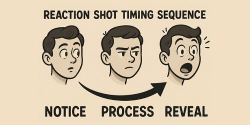 Three cartoon faces illustrate the stages of a reaction shot timing sequence. The first face looks to the side with a neutral expression labeled "NOTICE." The second face appears focused and serious, labeled "PROCESS." The third face shows a surprised, wide-eyed expression with an open mouth, labeled "REVEAL." An arrow connects the sequence from left to right. The title at the top reads "REACTION SHOT TIMING SEQUENCE."
