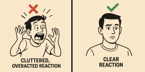 Two cartoon illustrations compare different reaction styles. On the left, a character with wide eyes, open mouth, and raised hands shows an exaggerated, cluttered reaction, marked with a red X above and labeled "CLUTTERED, OVERACTED REACTION." On the right, a character with a calm, neutral face displays a clear reaction, marked with a green check above and labeled "CLEAR REACTION."