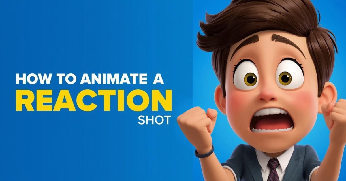 A 3D animated character with short brown hair and wide eyes displays a shocked expression, mouth open and fists clenched. The background is blue, and large text on the left reads: "How to Animate a Reaction Shot," with "Reaction" highlighted in yellow.