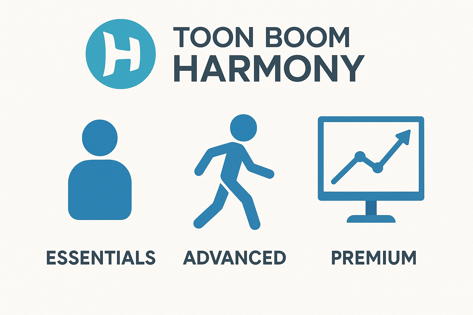 A graphic showing three versions of Toon Boom Harmony animation software: Essentials (represented by a person icon), Advanced (represented by a walking figure icon), and Premium (represented by a computer monitor with an upward trending graph). The Toon Boom Harmony logo and name are displayed at the top.