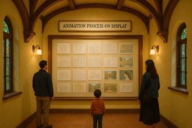 A man, a woman, and a child stand in front of a framed wall display showing sketches and drawings that illustrate different stages of the animation process. The room has warm yellow walls, arched wooden beams on the ceiling, and soft lighting from wall sconces. Stained glass windows are visible on either side.
