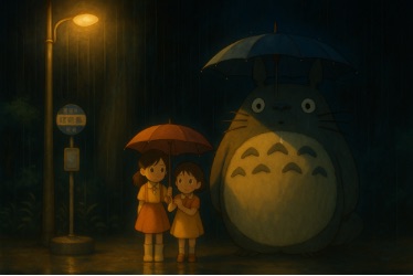 Two young girls stand under a red umbrella at a bus stop on a rainy night, illuminated by a streetlamp. Beside them stands a large, friendly creature holding a blue umbrella, its round body and wide eyes giving it a gentle presence. Rain falls softly around them, creating a calm and magical atmosphere.