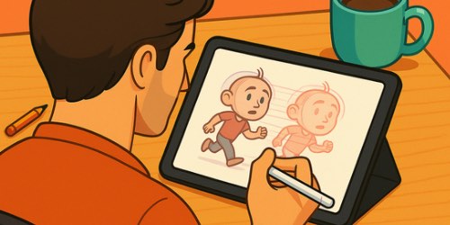 A person sitting at a desk uses a stylus to draw an animated character running on a tablet. A pencil and a green coffee mug are also on the wooden desk.