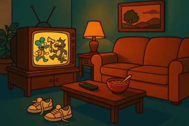 A cozy living room scene with an orange couch, a wooden coffee table holding a bowl of cereal and a remote control, and a pair of sneakers on the floor. A vintage television displays a cartoon of a blue mouse and a black cat. A lamp glows warmly on a side table, and a framed landscape picture hangs on the wall.