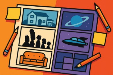 A cozy living room scene with an orange couch, a wooden coffee table holding a bowl of cereal and a remote control, and a pair of sneakers on the floor. A vintage television displays a cartoon of a blue mouse and a black cat. A lamp glows warmly on a side table, and a framed landscape picture hangs on the wall.