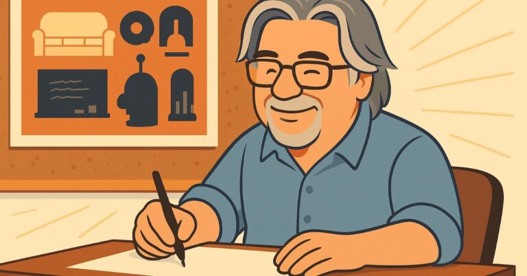 A cozy living room scene with an orange couch, a wooden coffee table holding a bowl of cereal and a remote control, and a pair of sneakers on the floor. A vintage television displays a cartoon of a blue mouse and a black cat. A lamp glows warmly on a side table, and a framed landscape picture hangs on the wall.