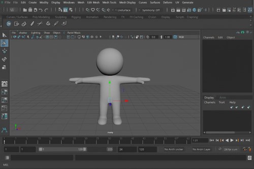 A 3D modeling software interface displaying a simple humanoid character model in a T-pose. The workspace shows the character centered on a grid, with various toolbars, menus, and panels for editing and animation controls surrounding the viewport. The timeline and playback controls are visible at the bottom of the screen.