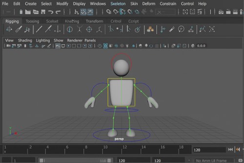 A 3D animation software interface displaying a simple humanoid character rig in a T-pose. The character consists of basic geometric shapes for the head, torso, arms, and legs, with colored control curves around the joints for animation. The workspace shows a grid floor, and various toolbars, menus, and timeline controls are visible around the viewport.
