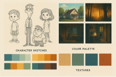 A mood board featuring hand-drawn character sketches of three children and one adult, four illustrated scene thumbnails (a house, a forest, and two interior rooms), and a selection of color swatches in earthy tones such as beige, green, blue, and rust. The board is labeled with "Character Sketches," "Color Palette," and "Textures."